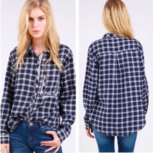 #3600 POL Comfy Navy Plaid Top With Crochet Lace - Picture 11 of 16